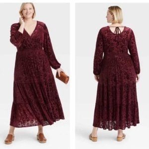 Knox Rose Burgundy Velvet Floral Print Long Sleeve Maxi Dress Size 2X
